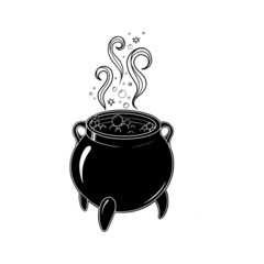 Hand drawn Boiling magic pot. Silhouette cauldron. Vector illustration for wiccan design, astrology, alchemy, magic symbol or halloween design.