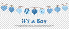 Its A Boy. Welcome Greeting Card For Childbirth With Hanging Hearts. Vector Illustration