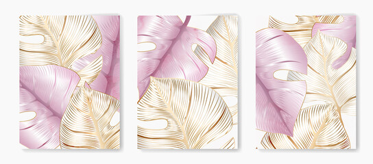 Luxury background with golden and purple monstera leaves in line art style. Set of botanical art posters with tropical plants for design, decor, packaging