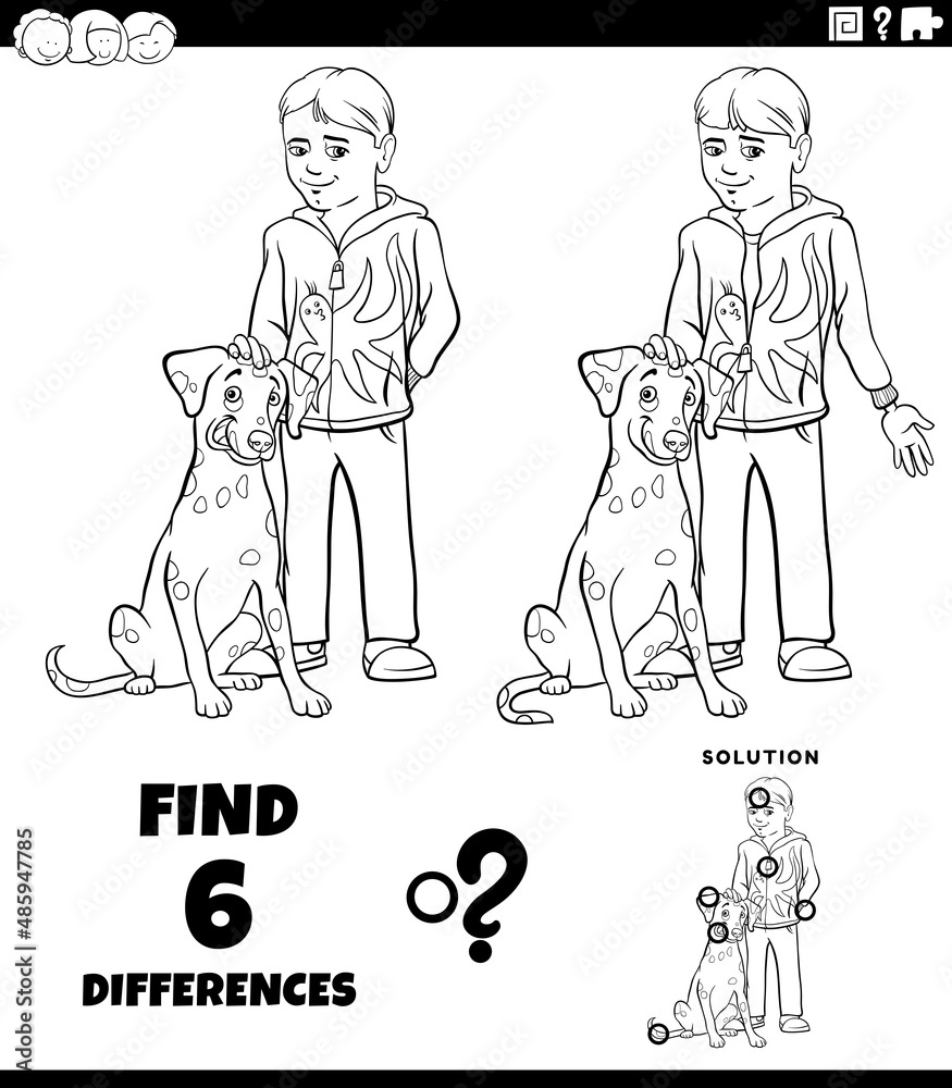 differences game with boy and his dog coloring book page Stock Vector ...