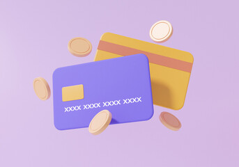 3d online payments credit or debit card concept. money transfer. financial transactions. coins float