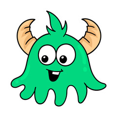 Wall Mural - the head of the horned monster with a friendly smiling face, doodle icon drawing