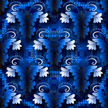 3d Flowers And Butterflies Seamless Pattern. Halftone Textured Background In Royal Blue Colors. Vector Repeat Ornamental Backdrop. Beautiful 3d Ornaments With Shadows And Highlights. Endless Texture