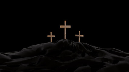 cross easter crosses on the hill in the night in black background christians christianity elevation crucifiction - 3d rendering