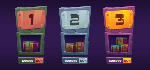 Poster - Game shop banners, wooden boards with gold, silver and bronze plates, treasure chests and buy buttons. Vector cartoon design interface elements with assets for mobile game