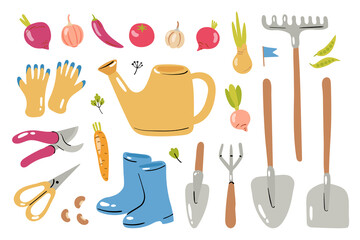 Set of gardening tools and vegetables. Care and cultivation of plants. Farm planting equipment: watering can, gloves, rubber boots, shovel, rake, pruner, scissors. Vector illustration in a flat style.