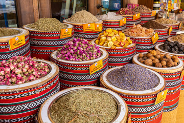 Poster - Dubai Spice Souk. Traditional bazaar in Dubai, United Arab Emirates (UAE) Selling a variety of fragrances and spices, herbs.