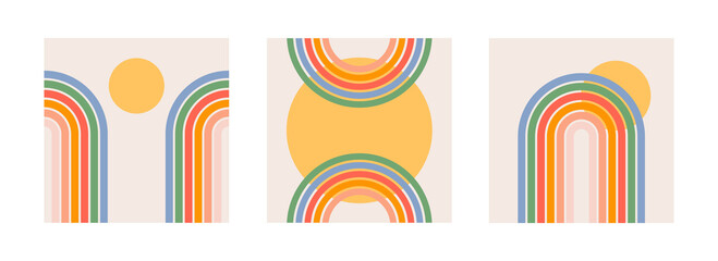 Wall Mural - Trendy abstract set aesthetic backgrounds with sun and rainbow. Mid century wall decor  in style 60s, 70s. Retro vector design  for social media, blog post, template, interior design