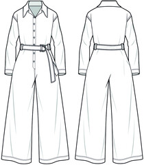 Collared Neck Belted Long Sleeve Jumpsuit, wide leg collared jumpsuit Front and Back View. Fashion Illustration, Vector, CAD, Technical Drawing, Flat Drawing.	