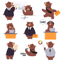 Sticker - Bear Staff or Office Employee in Tie and Suit Speaking by Phone and Executing Task Vector Set