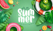Summer greeting vector background design. Hello summer text in nature leaves decoration with lifebuoy floaters and fruits elements  for tropical season. Vector illustration.

