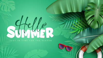 Poster - Summer nature vector background design. Hello summer text in green space with leaves decoration and plants silhouette pattern for tropical season greeting messages. Vector illustration.
