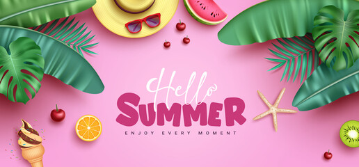 Fototapete - Summer vector background design. Hello summer greeting text in pink space with plant leaves and tropical object elements for holiday season nature flat lay decoration. Vector illustration.
