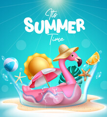 Wall Mural - summer holiday vector design. summer time text in beach sand island with flamingo floater, umbrella 