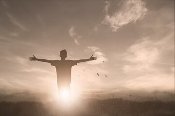 Canvas Print - Happy man thinking felling depression energy mission on background. Christian realization pray happy freedom worship praise god. Strength courage self confident good life for yourself concept