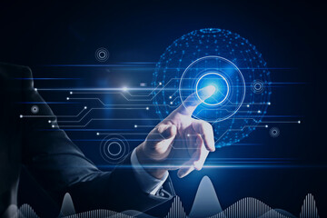 Aufkleber - Close up of business man hand pointing at abstract glowing polygonal sphere and digital business interface on blurry blue background. Future, innovation and technology concept. Double exposure.