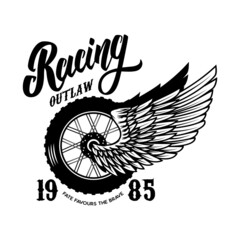 Canvas Print - Racing. Tshirt print template with winged wheel. Vector illustration