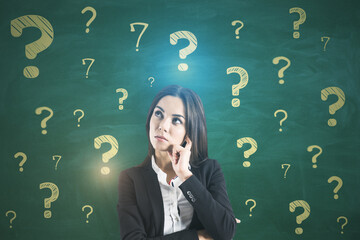 Poster - Portrait of attractive thoughtful young european businesswoman on chalkboard wall background with question marks sketch. Solution and doubt concept.