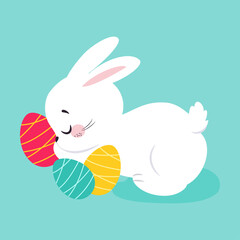 Poster - White Easter Bunny Sleeping on Decorated Egg on Blue Background Vector Illustration