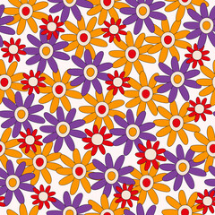 Poster -  Retro seamless pattern of colorful hippie flowers. Vintage festive groovy botanical design. Trendy vector illustration in 70s and 80s style.