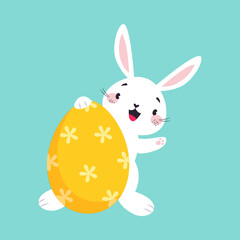 Poster - White Easter Bunny Looking Out of Decorated Egg and Waving Paw on Blue Background Vector Illustration