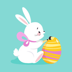 Sticker - White Easter Bunny Painting Egg in Color with Brush on Blue Background Vector Illustration