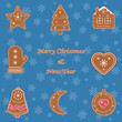 A set of eight gingerbread cookies with icing for christmas and new year on a blue background with snowflakes and text.