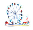 Hand drawn watercolor illustration. Ferris rwheel ing in the children's amusement park. Multicolored booths. Bright tents. Decorative element. Sketch drawing on a white background.