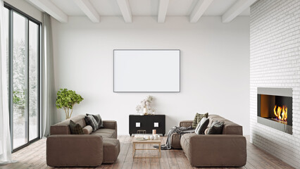 Wall Mural - Mock up poster frame in modern interior background, living room, Scandinavian style, 3D rendering