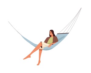 Aufkleber - Happy woman relaxing in hammock. Young female resting, lying in comfortable hanging furniture. Carefree person at summer holidays relaxation. Flat vector illustration isolated on white background
