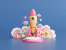 Imagination Creative Spaceship Take Off Cute Cloud Kid Galaxy Space Stand Podium Product Startup Online Learn Education Idea Science Technology And Test Tube Light Bulb Pencil Object. 3D Illustration.