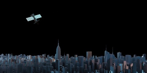 Transmission of satellite signals in the sky Above the big city Filled with tall buildings 3d illustration