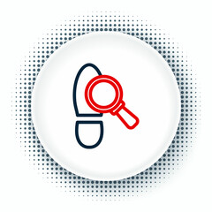 Poster - Line Magnifying glass with footsteps icon isolated on white background. Detective is investigating. To follow in the footsteps. Colorful outline concept. Vector