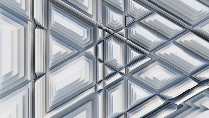 White, Tech Background with a Geometric 3D Structure. Clean, Stepped design with Extruded Futuristic Forms. 3D Render.