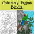 Coloring page with example. Cute parrot green macaw sits and smiles.