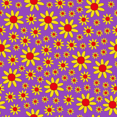 Poster - Retro seamless pattern of colorful hippie flowers on a purple background. Vintage festive groovy botanical design. Trendy vector illustration in 70s and 80s style.
