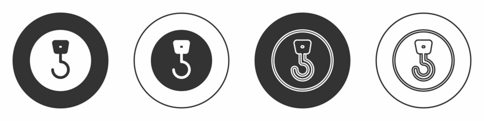 Sticker - Black Industrial hook icon isolated on white background. Crane hook icon. Circle button. Vector