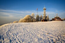 Snowy Meadow,trees With Hoarfrost, Tower And Cottage, Hill Kozakov.