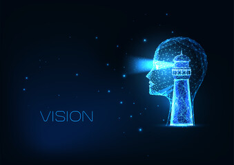 Wall Mural - Futuristic vision concept with glowing low poly human head and light house isolated on dark blue 