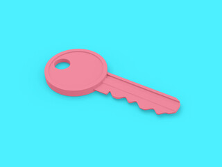 Fototapete - Pink single color key on a surface on a blue monochrome background. Minimalistic design object. 3d rendering icon ui ux interface element.