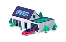 Electric Car Parking Charging At Home Garage With Green Roof Wall Box Charger Station. Residence Family House Building With Clean Energy Photovoltaic Solar Panels. Renewable Smart Power Electricity.