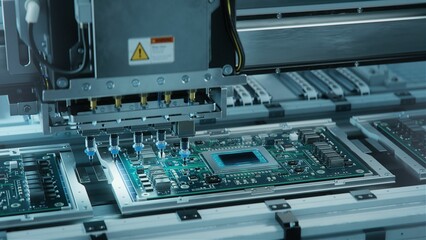 Automatic Pick and Place machine quickly installs Components on Generic Circuit Board. Electronics and Circuit board Manufacturing. Bright Environment