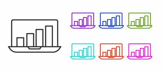 Sticker - Black line Laptop with graph chart icon isolated on white background. Report text file icon. Accounting sign. Audit, analysis, planning. Set icons colorful. Vector