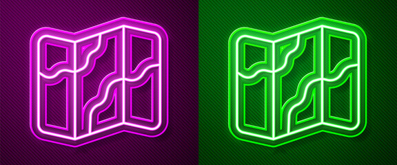 Poster - Glowing neon line Camping and hiking on map icon isolated on purple and green background. Vector