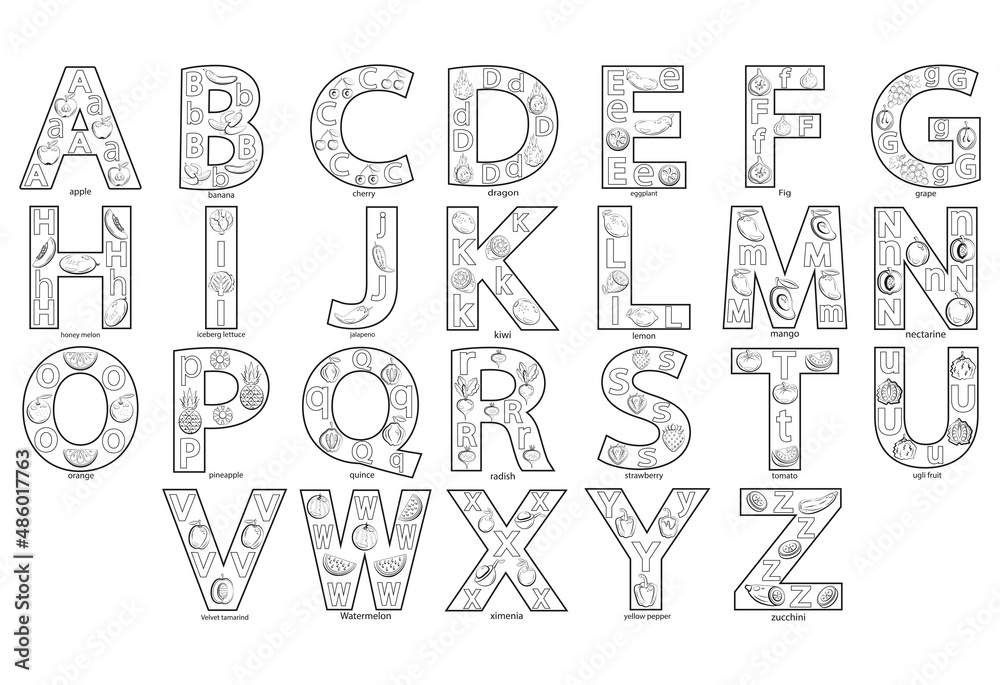 Cute illustrated alphabet with fruits and vegetables. English alphabet ...