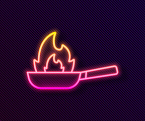 Poster - Glowing neon line Pan with fire icon isolated on black background. Vector