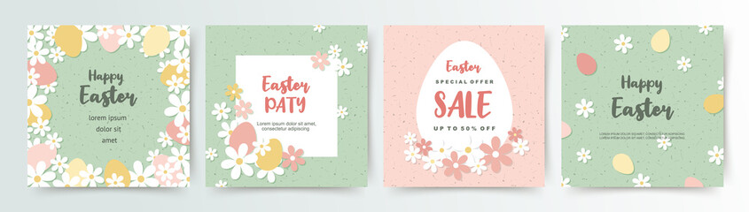 Wall Mural - easter floral square templates. cute vector backgrounds in flat style for social media posts, mobile