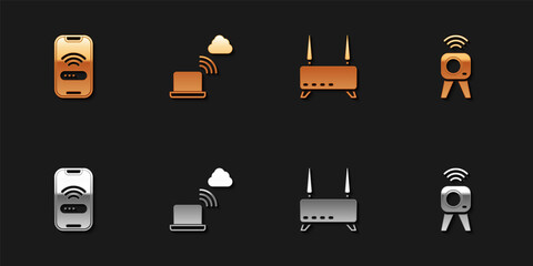 Canvas Print - Set Mobile with wi-fi wireless, Network cloud connection, Router and signal and Web camera icon. Vector