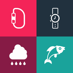 Wall Mural - Set pop art Fish, Cloud with rain, Wrist watch and Carabiner icon. Vector