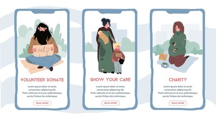 Set of vector flat cartoon homeless characters on smartphone online app screens-mobile UI kit templates for social support and donation applications,web page design with people scenes and info text